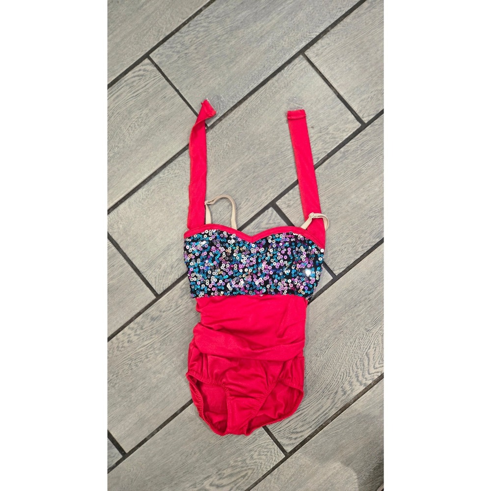 Costume Gallery Red Sequin Dance Leotard Kids Intermediate Halter